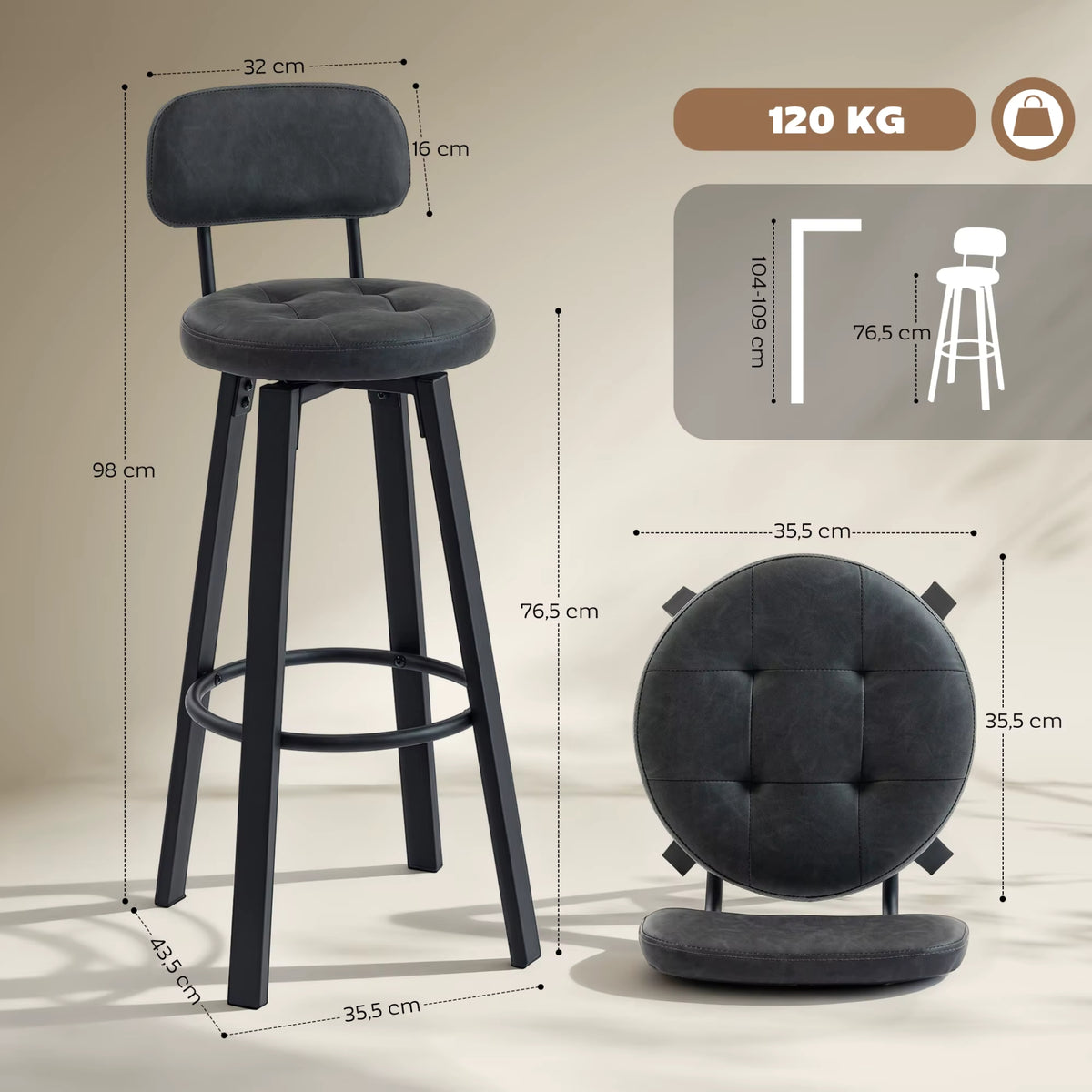 Tabourets de Bar Pivotants Milo - Structure Métal Noir | Lot de 2