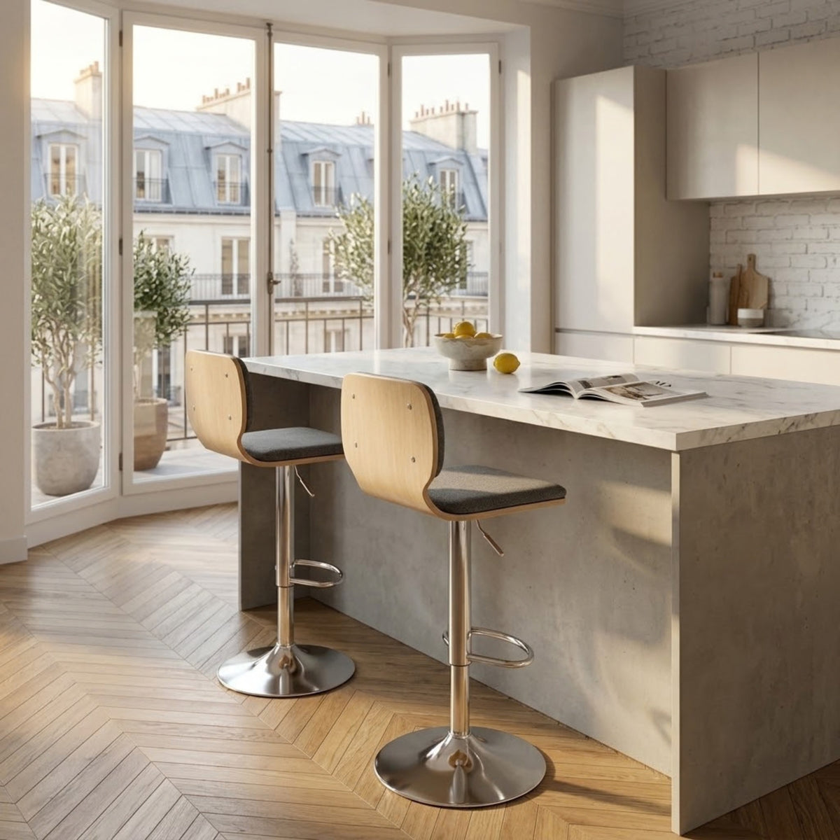 Tabourets de Bar Moderne Célia | Lot de 2 — Tissu & Coque en Bois