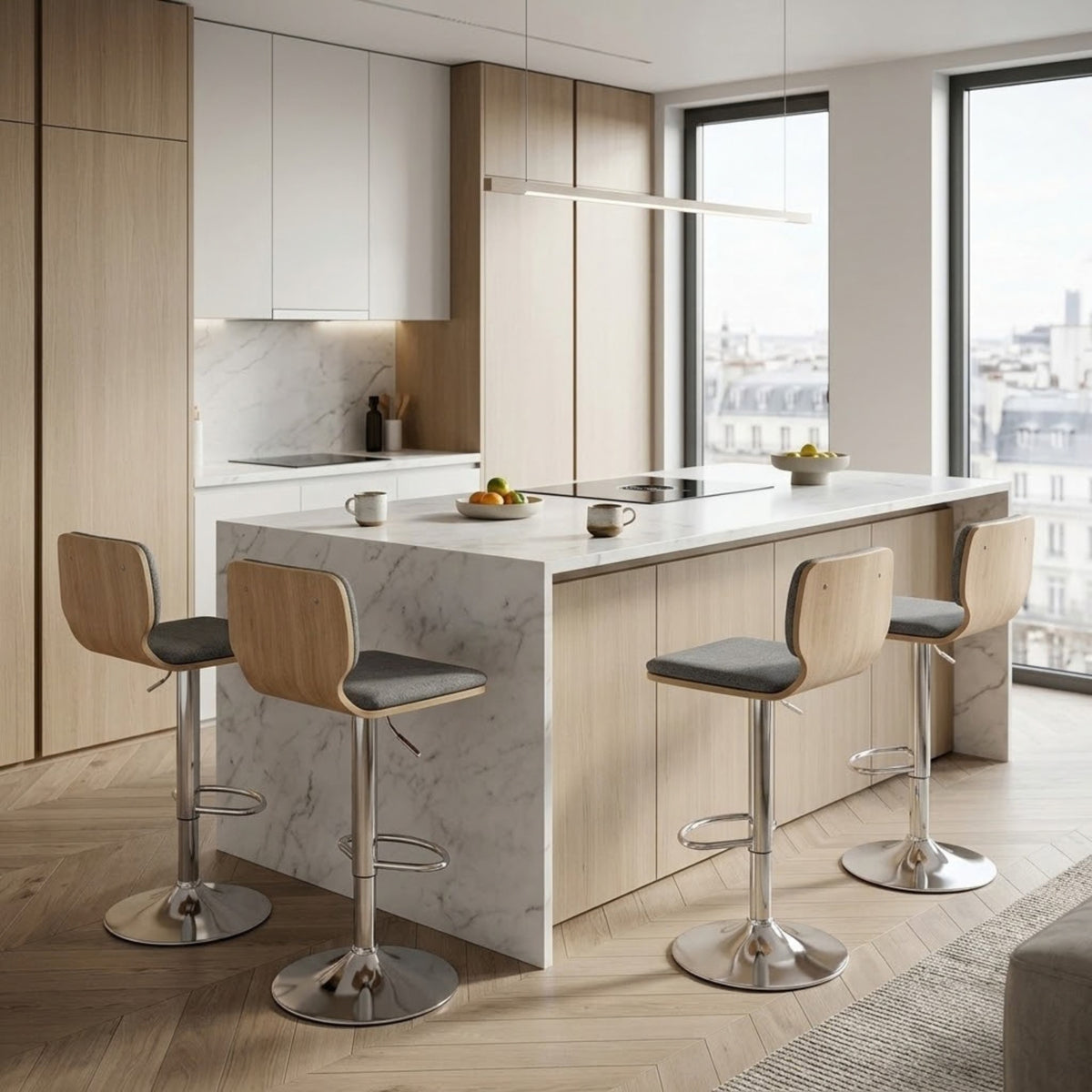 Tabourets de Bar Moderne Célia | Lot de 2 — Tissu & Coque en Bois